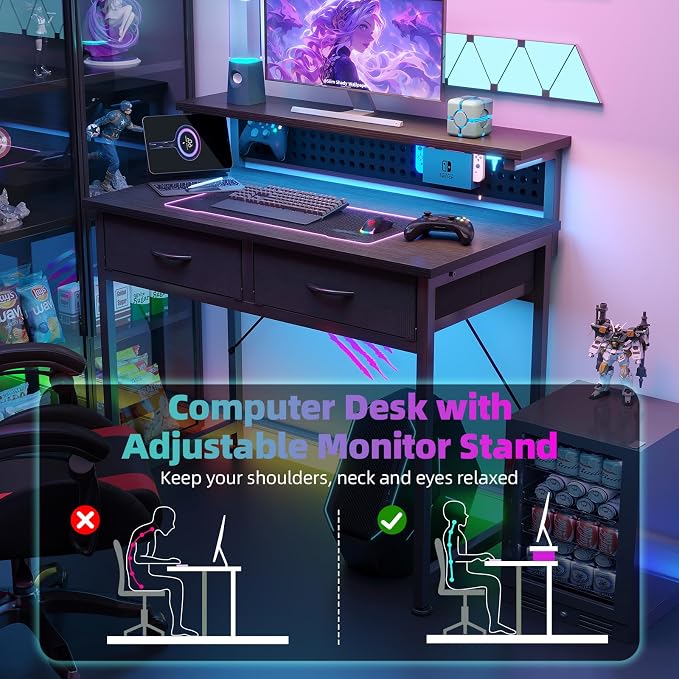 MUTUN Small Desk with Drawers, 31 Inch Computer Desk with Power Outlet & LED Light, Gaming Desk with Adjustable Monitor Stand & Pegboard, Modern PC Study Writing Table for Bedroom, Black - Image 4