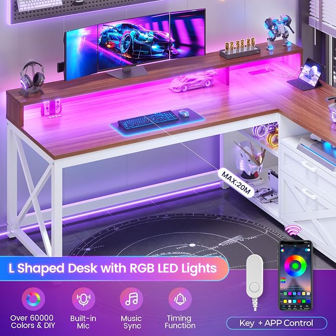 SEDETA Farmhouse L Shaped Desk, 55" Home Office Desk with Drawers and Storage Shelves, L Shaped Gaming Desk with LED Lights, Power Outlet and Monitor Shelf, Brown - Image 7