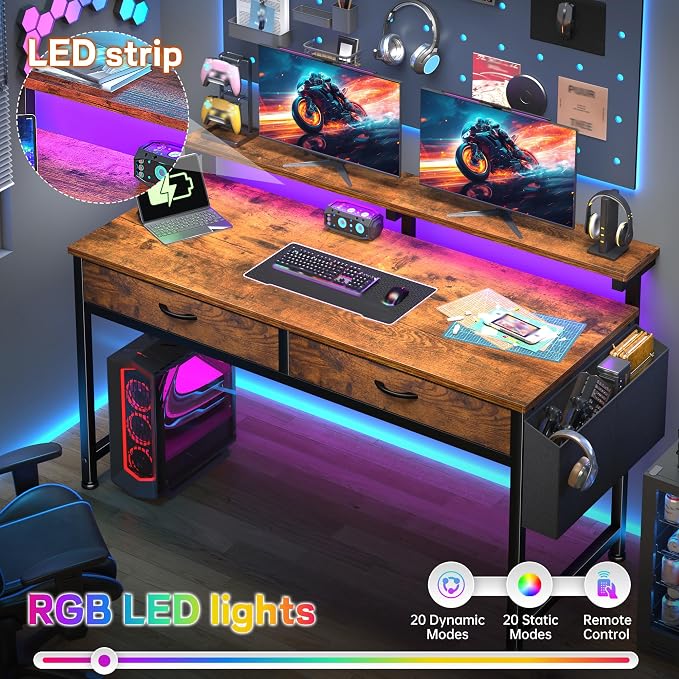 DurayLoly Gaming Desk with 2Drawers & LED Lights,Space Saving,Rustic Brown - Image 4