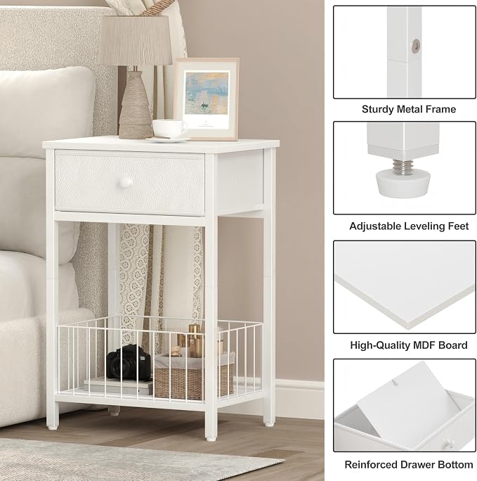 White Small nightstand, White Nightstand, Side Table for Small Spaces, 2 Tiers Storage Shelves End Table, Night Stand for Living Room, Bedroom, Dorm LNT0061W2 - Image 5