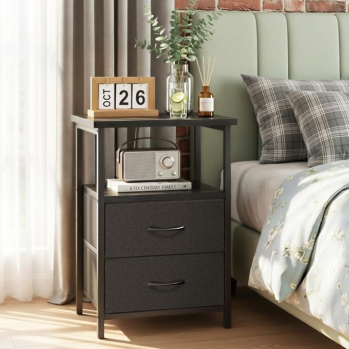 Fixwal Night Stand with Charging Station, 2 Fabric Drawers, Black - Image 2