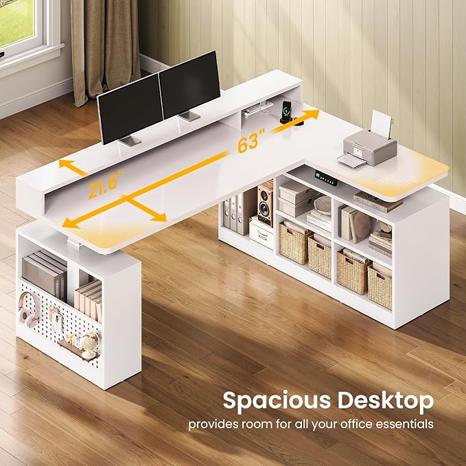 SEDETA L Shaped Electric Corner Standing Desk with Storage, Monitor Stand | 63 inch Height Adjustable Computer Desk with Shelves, Corner Gaming Desk with LED Lights, Power Outlet for Home Office, White - Image 9