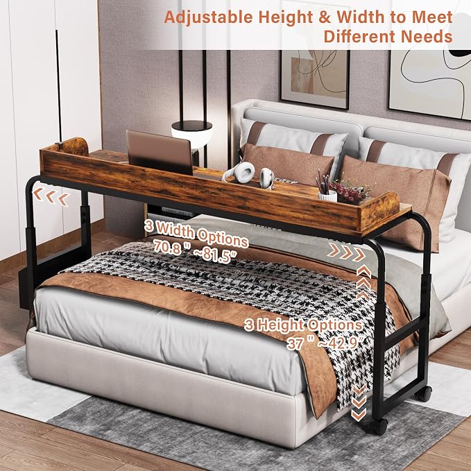 Overbed Table with Wheels, Mobile Bed Table with Adjustable Height Length, Desk for Bed Queen King Size with Charging Station and LED Light, Rolling Table for Eating, Laptops, Hospitals - Image 5