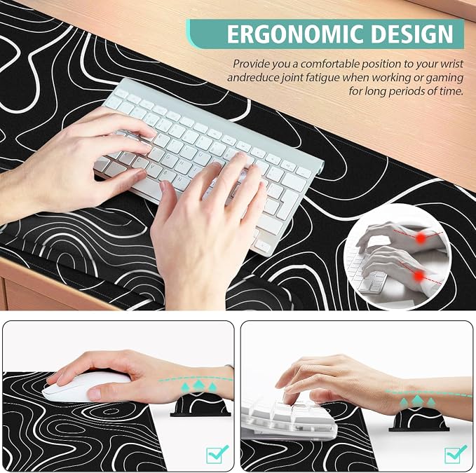 4 in 1 Large Mouse Pad,Keyboard Wrist Rest Set,Desk Mat with Stitched Edges Thicken Desk Pad,Wrist Support for Keyboard and Mouse,Desk Mat for Home Office Game(Black Marble) - Image 3