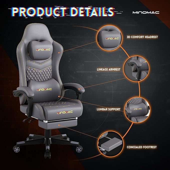 Gaming Chair,Big and Tall Gaming Chair 400lbs Office Chair with Footrest, 90-155° Recline & Removable Headrest Lumbar Support[Spring + 4D Sponge](Grey) - Image 4