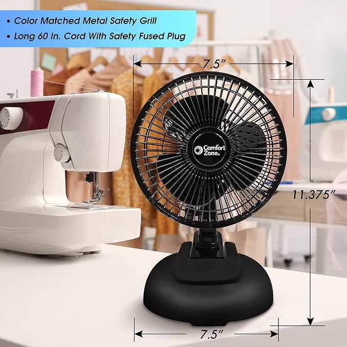 Comfort Zone CZ6XMBK 6” 2-Speed Combo Clip or Desk Fan with Removable Base, Strong Clamp for Firm Grip, Suitable for Bedroom, Office, or Dorm Room, Black - Image 8