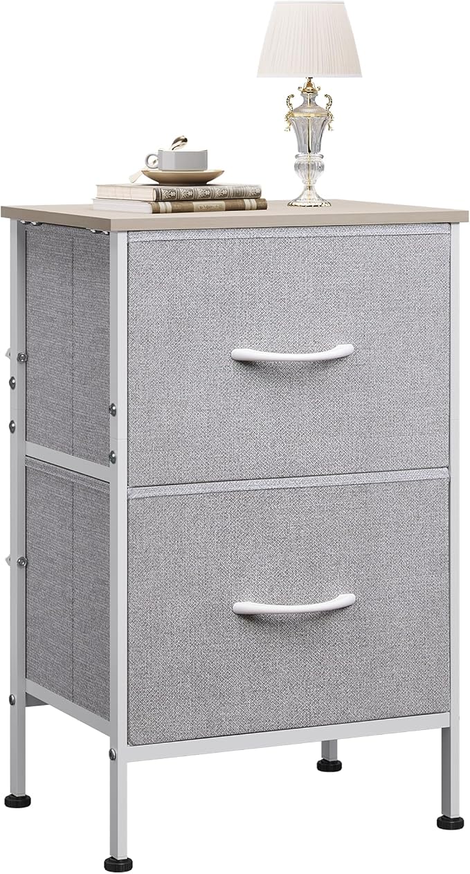 WLIVE Nightstand, Nightstand with 2 Drawers, Bedside Furniture, Night Stand, Small Dresser for Bedroom, College Dorm, End Table with Fabric Bins, Dormitory, Light Grey by WLIVE
