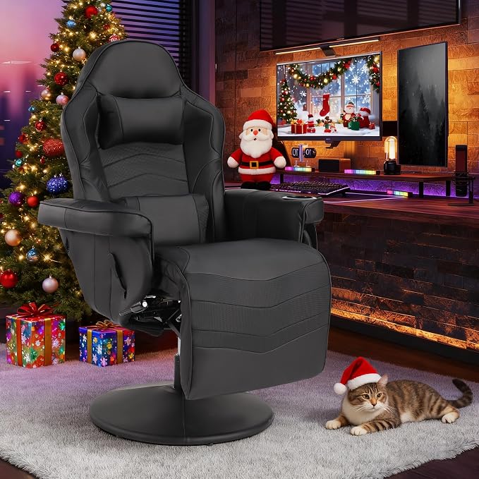 Massage Gaming Recliner Chair with Cup Holder & Side Pockets – Ergonomic PU Leather Video Gaming Chair with Footrest, Manual Recline, Headrest & Lumbar Support for Office or Game Room (Black) by CALIVIA