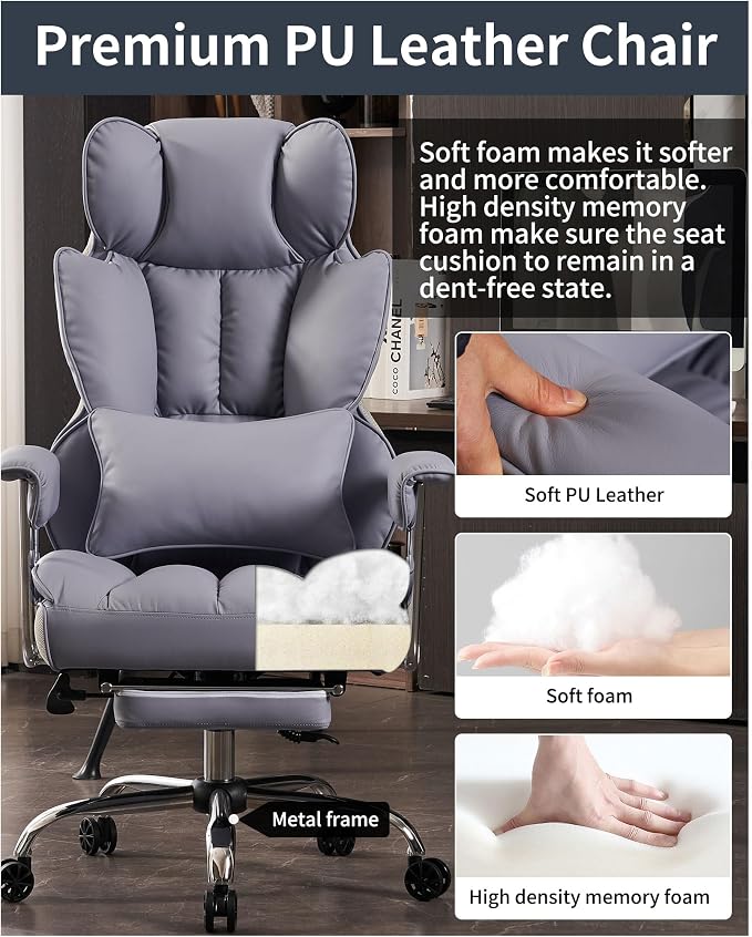 Efomao Big and Tall Office Chair 440LBS, Purple Heavy Duty Executive Chair with Footrest, Ergonomic Desk Chair for Home Office, Wide Computer Chair | 400lbs support, 135° recline, dual-layer foam cushion, 23.5" seat & footrest. BIFMA - Image 6