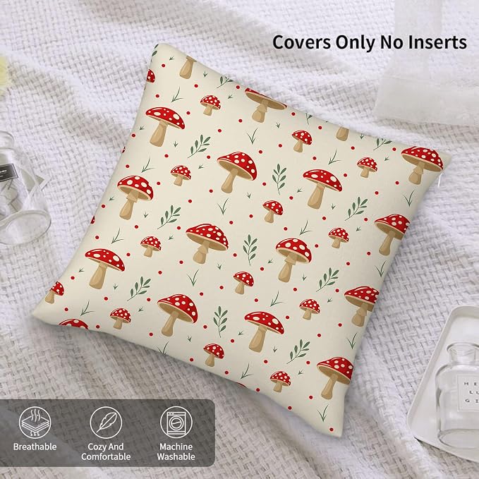 Red Mushroom Throw Pillows Cover 18x18 Set of 2, Decorative Pillow Cases Cute Cushion Covers for Sofa Couch Bedroom Mushroom Living Room Decor - Image 7