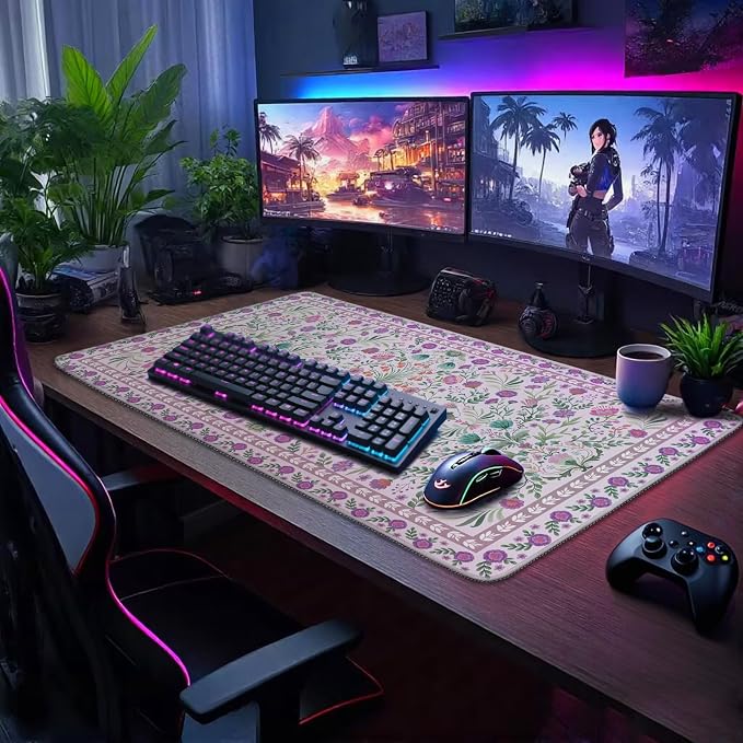 Purple Floral Desk Mat Large Mouse Pad 31.5"x15.7" Anti-Slip | Extended Mousepad, Non-Slip Rubber Base , Stitched Edges, for Computer/Laptop/Office/Home - Image 6