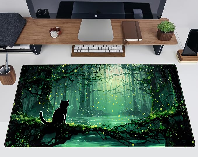Kawaii Green Forest Desk Pad Mouse Pad Cute Black Cat Desk Mat, XXL Extended Anime Cats Large Gaming Mousepad, Computer Keyboard and Mouse Deskpad Decor Deskmat with Stitched Edges Mat 31.5x15.7 in - Image 5