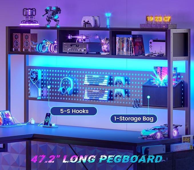 SEDETA 67" L Shaped Gaming Desk with Pegboard LED Lights and Power Outlet | Reversible Computer Desk with Keyboard Tray Hutch and Stoage Bag for Home Office, Black - Image 4