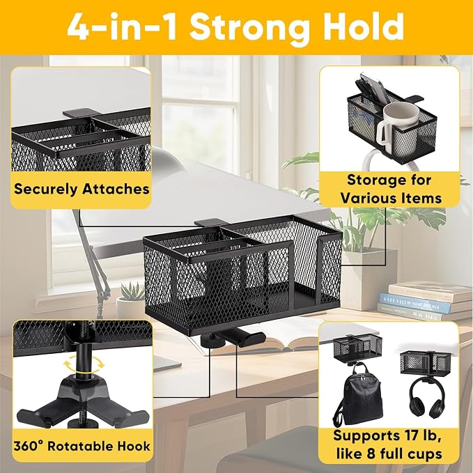 4 in 1 Metal Clip On Cup Holder Attachment for Gaming Desk or Table, Fits up to 40oz Cups, Sturdy and Easy to Clamp, Attachable Anti-Spill Cup Holder for Chair, Bedside, Bottles, Drinks - Black - Image 2