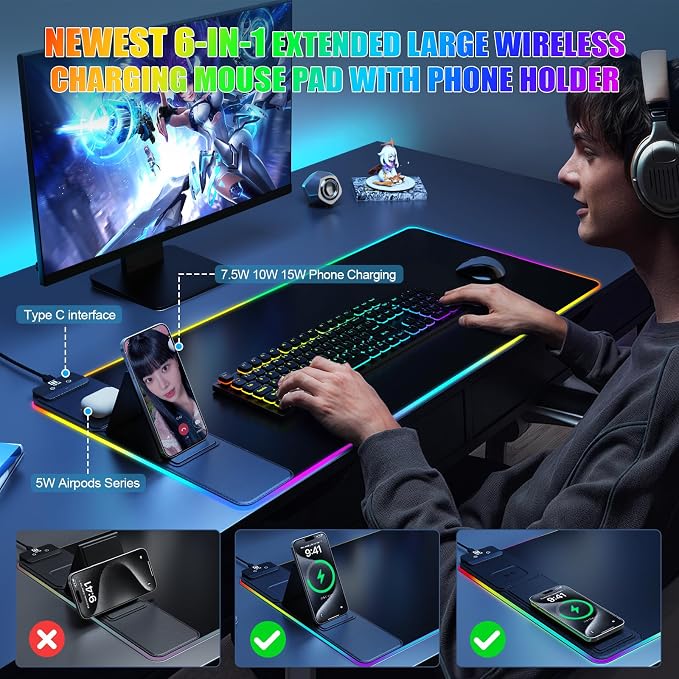 Wireless Charging RGB Mouse Pad with Phone Stand, Large Gaming Desk Mat | Dual wireless charging, foldable phone holder and RGB lighting create an organized gaming or home office desk setup. - Image 3
