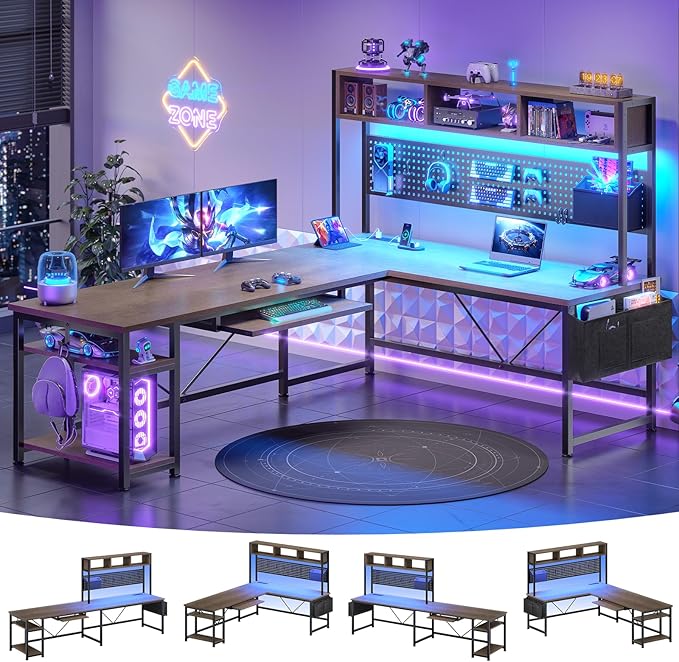SEDETA L Shaped Gaming Desk with LED Lights and Pegboard for Home Office | Reversible 94.5" Computer Desk with Power Outlet, Keyboard Tray, Storage Shelves and Headphone Hook, Walnut Brown by SEDETA