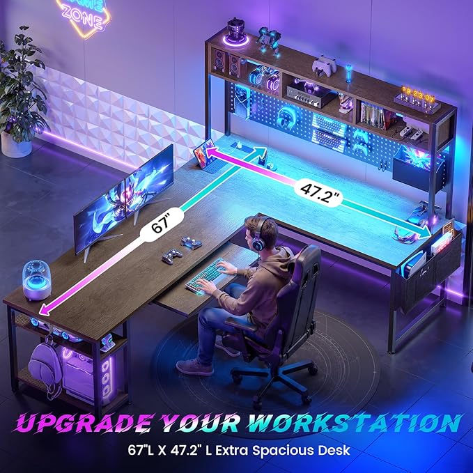 SEDETA L Shaped Gaming Desk with LED Lights and Pegboard for Home Office | Reversible 94.5" Computer Desk with Power Outlet, Keyboard Tray, Storage Shelves and Headphone Hook, Walnut Brown - Image 6