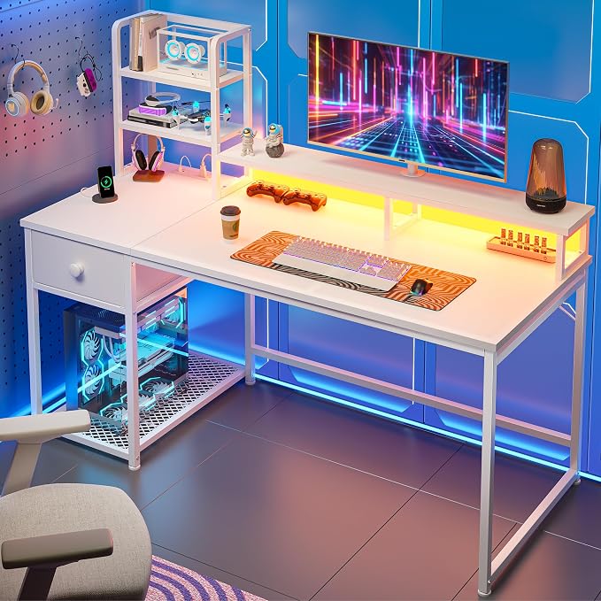 EnHomee 44" Small White Gaming Desk with Hutch & Shelves for Teen Gamer - Image 9