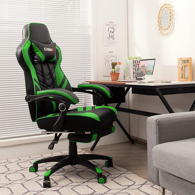 GYMAX Gaming Chair, Ergonomic Computer Chair with Footrest, Linkage Armrests & Lumbar Cushion, Big Wide High Back Video Gaming Chair, Reclining Office Rolling Chair for Adult/Teens (Green) - Image 9