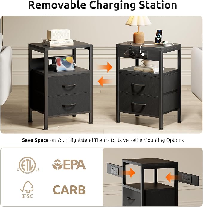 Lazzanto Night Stand with Charger Station for Bedroom, Black Nightstand - Image 3