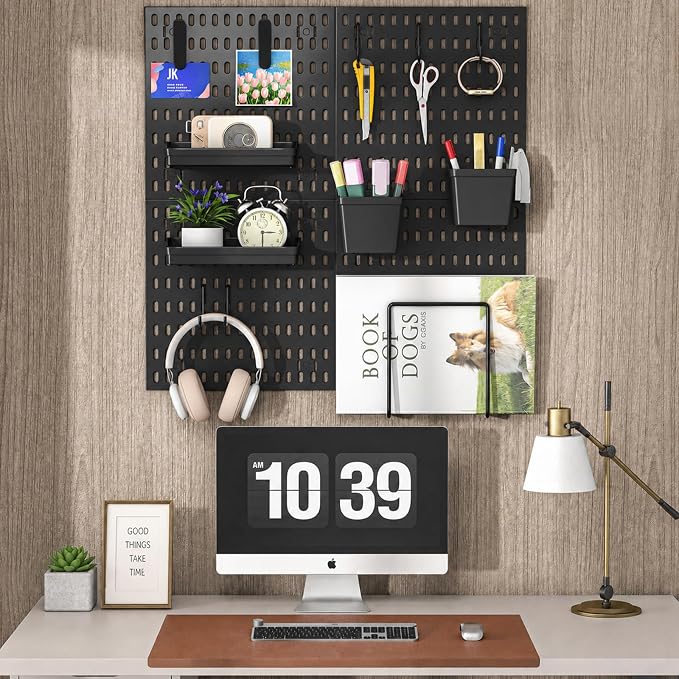 AKTOP Modular Plastic Peg Board Wall Organizer, 4 Pack, 12"x12", Black | ABS Material, Adhesive or Drill Mounting, Ideal for Office, Gaming Room, Craft Room - Image 7