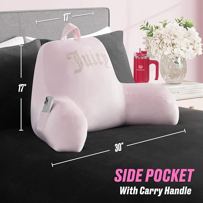 Juicy Couture Velour Backrest Pillow with Rhinestone Juicy Logo - 30"x17", Light Pink Supportive Bed Rest Pillow for Reading, Gaming, or Relaxing - Image 4