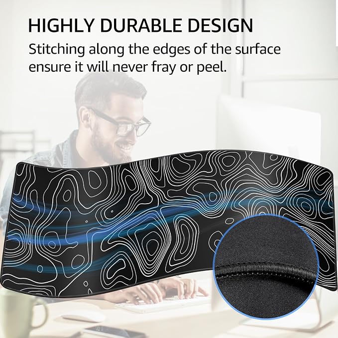 KTRIO Large Gaming Mouse Pad, 31.5 x 11.8 in, Black Topographic, XL | Smooth Micro-Weave Surface, Artistic Pattern Design, Non-Slip Rubber Base, Durable Stitched Edges , Office & Home Use - Image 3