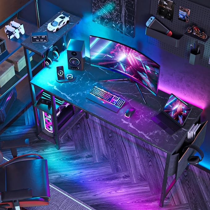 Bestier Gaming Desk with LED Lights, 51.3 Inch Computer Desk with 4 Tiers Reversible Shelves, Gamer Desk with Side Storage Bag, Hooks and Height Adjustable Shelf (Black Marble) by Bestier