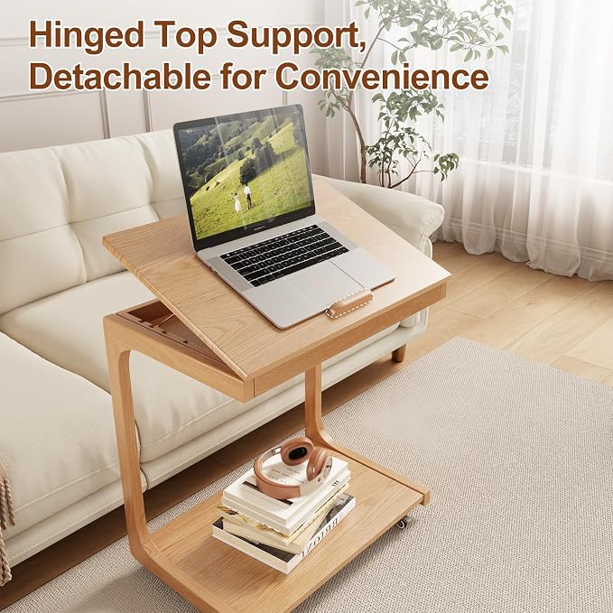 AQIMUELE Wooden C-Shaped End Table,Couch Table with Adjustable Desktop,Small Rolling Side Table with 2 Lockable Wheels 23.6" Width,Small End Table for Couch, Living Room,Bedroom (Natural) - Image 3
