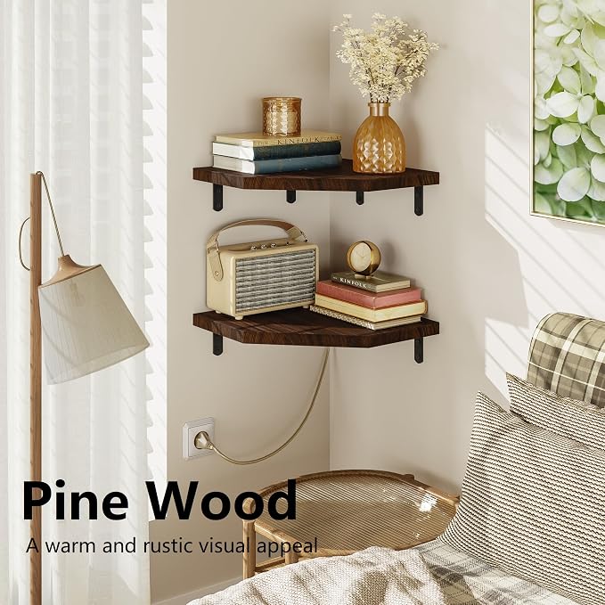 Alsonerbay Pine Wood Corner Shelves with Cord Hole 2-Pack, Carbonized Black - Image 3