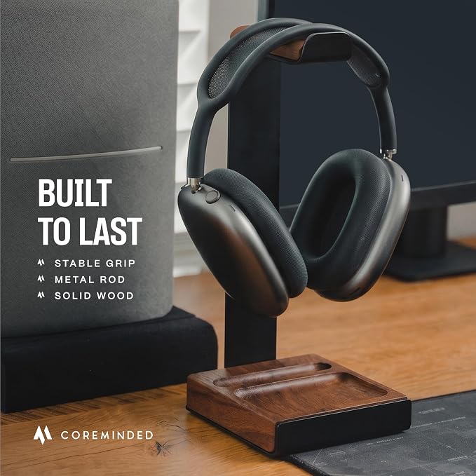 COREMINDED Universal Headphone Stand for Desk, Walnut Wood Headset Holder | Fits All Headphones incl AirPods Max, Heavy Duty Solid Wood, Sturdy & Stable, Gaming Headset Organizer, Gift Ready Box - Image 5