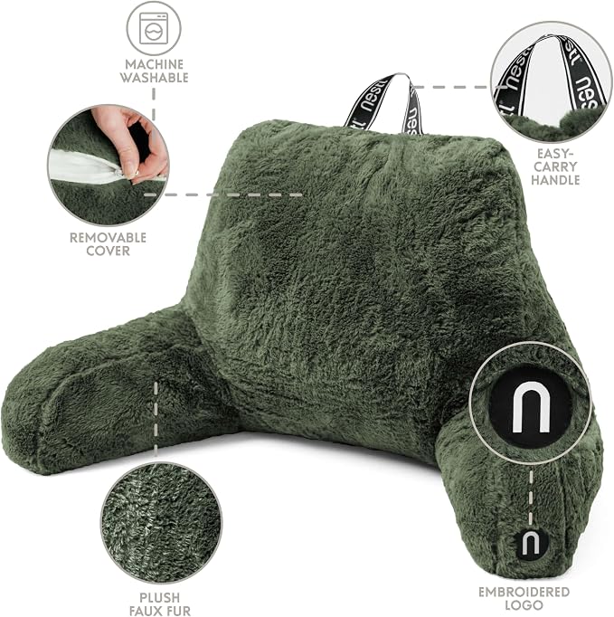 Nestl Fur Reading Pillow, Stylish Back Pillow for Bed Sitting Up, Faux Fur Bed Chair Pillow with Arms, Reading Pillows for Sitting in Bed Adult & Kids, Back Support Pillow for Bed Rest - Olive Green - Image 4