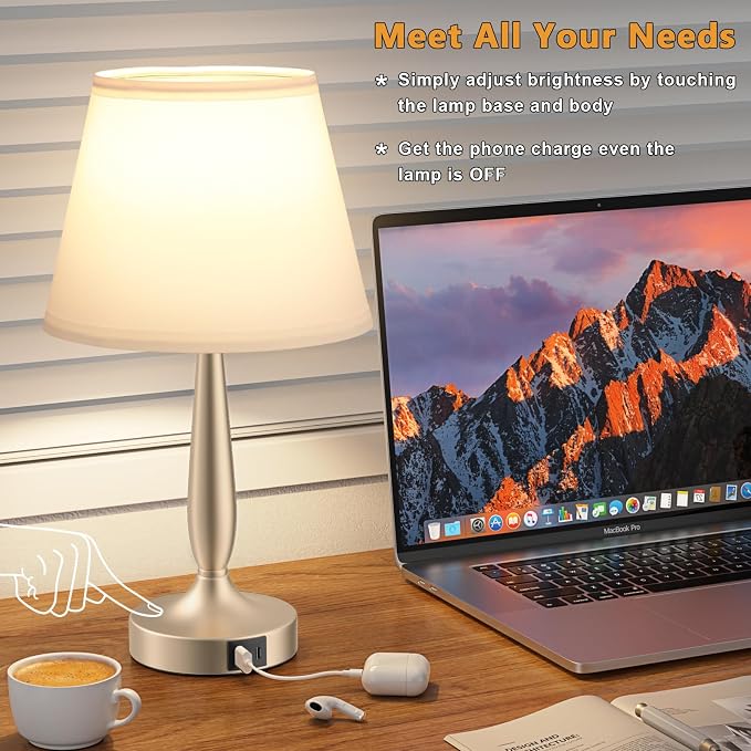 Kakanuo Touch Table Lamp for Bedroom, Small Bedside Lamp with USB C Charging Port, 3 Way Dimmable Touch Control Nightstand Lamp for Living Room, White Shade and Champagne Gold Base - Image 3