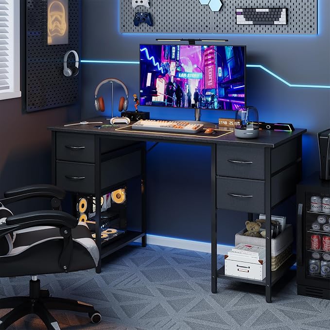 Grandder Computer Desk with 4 Drawers, 47 Inch Office Desk with Storage, Gaming Desk with CPU Shelves, Writing Desk Work Desk for Home Office, Study, Bedroom, Work from Home, Black - Image 2