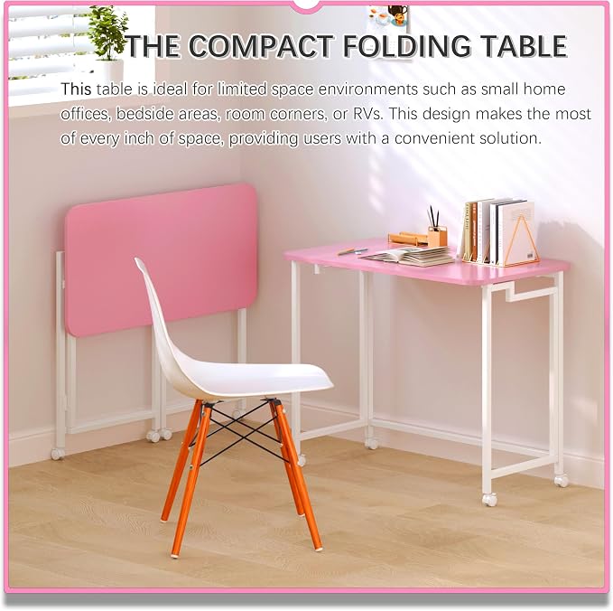 4NM 27.5" Mobile Small Rolling Computer Desk, Folding Laptop Cart Table with Wheels, Portable Office Desk for Small Space Couch Bed - Pink and White - Image 3