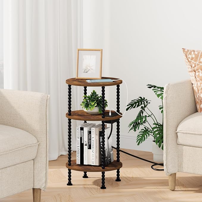 YINMIT 3-Tier Small Bedside Table,Round Side Table with AC Charging Station - Image 7