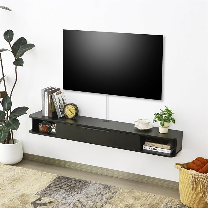 Floating TV Stand, 55" Wall Mounted TV Cabinet, Wood Media Console for TVs up to 65", Entertainment Center with Storage for Living Room, Under TVs Shelf for DVD Player, Black - Image 9