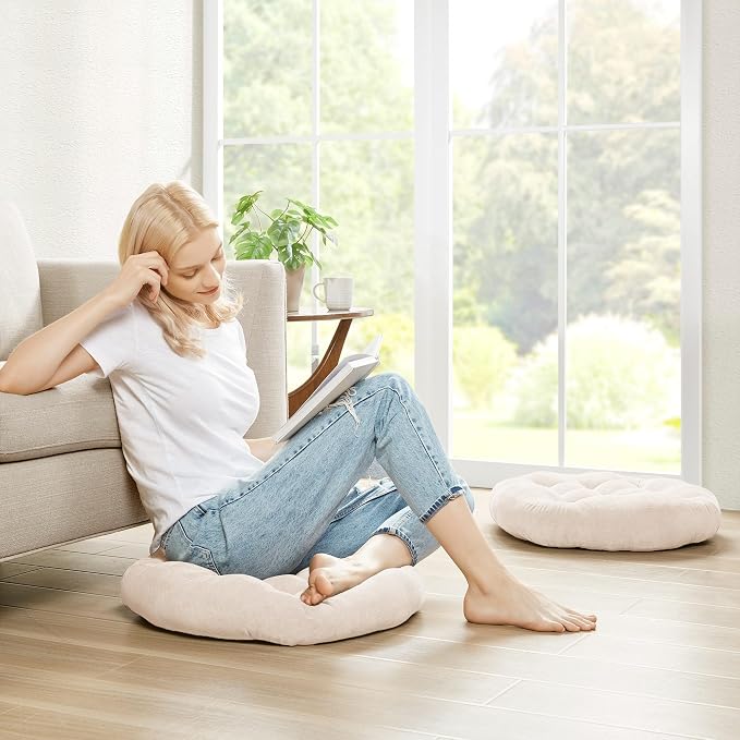 Meditation Cushions Set of 2, Large Floor Pillow for Adults, 22 Inch Round | Reading nook use, Zen relaxation, Tatami seating, Corduroy cover, 3.5 in thick, Shredded memory foam fill, Beige yoga pad - Image 5