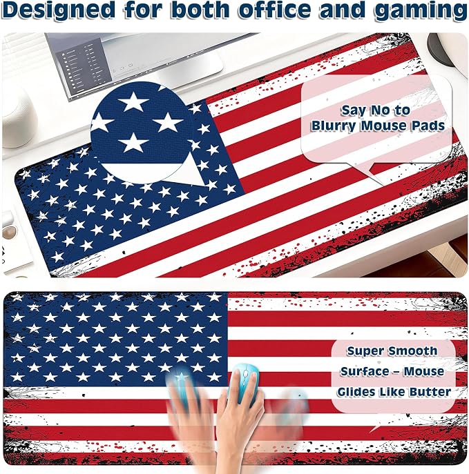 Gaming Desk Mat with Silky Smooth Surface & Exquisite Patterns,31.5x11.8 Inches Large-Sized Mouse Pad, Perfect for Extended Gaming,Work,and Home Office Decor (American Flag 3) - Image 4