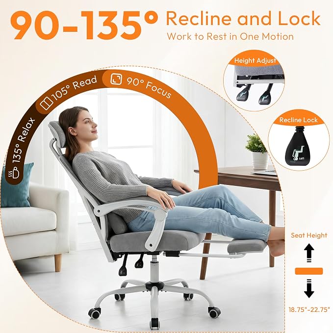 Ergonomic Office Chair with Footrest, Comfortable Desk Chair Gaming Chair | Leg Rest, Swivel Mesh Desk Chair with Headrest and Lumbar Support for Home, Office, Work, Study, Grey - Image 3