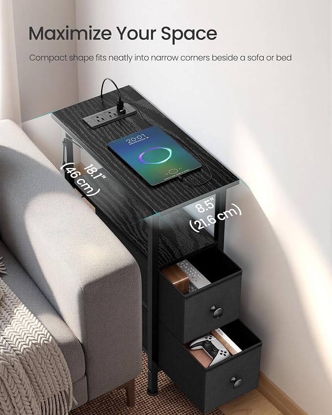 SONGMICS Side Table with LED Light, Narrow End Table with 2 Fabric Drawers - Image 4