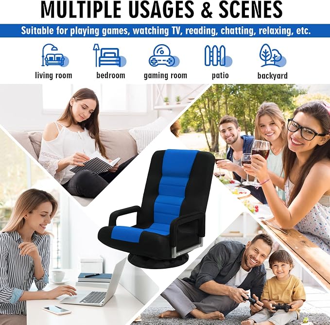 Swivel Floor Gaming Chair w/Armrests, Folding Video Reclining Sofa w/6 Adjustable Position, Padded Backrest & Cushion, Lazy Lounger Couch for E-Sports, Reading, Relaxing, Watching TV, Blue - Image 9