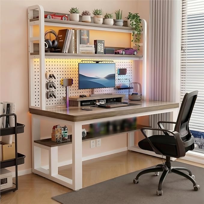 47in Gaming Desk with Pegboard and Hutch Computer Workstation | Optimize Your Space with This Study Table. Features A Steel Frame, Vertical Hutch, and Storage Shelves.(K,120CM/47.2IN) by Unknown