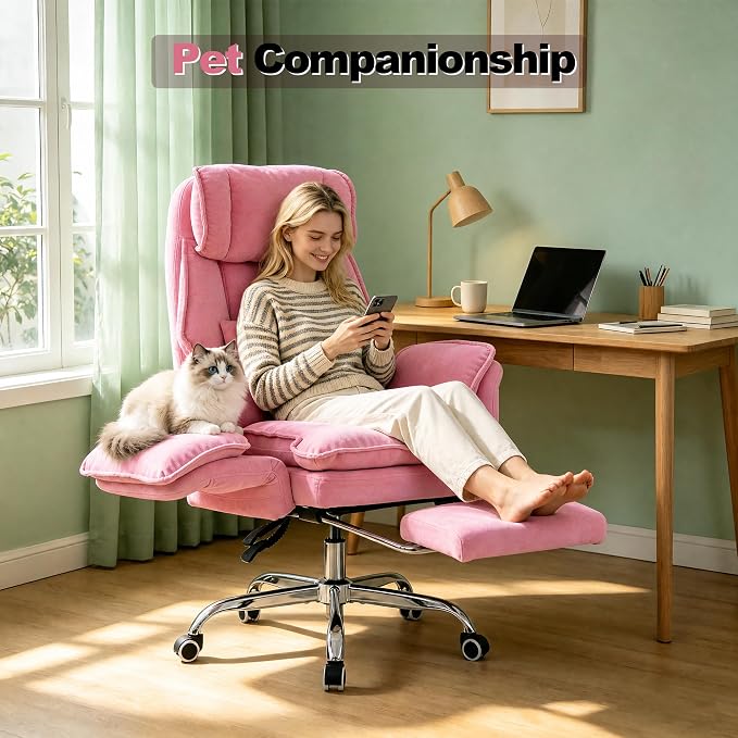 Office Chair with Flip Armrests & Foot Rest,Criss Cross Legged Home Office Desk Chair with Pet Seat,Ergonomic Reclining Computer Gaming Chair,High Back Executive Chair with Lumbar Pillow (Pink) - Image 3