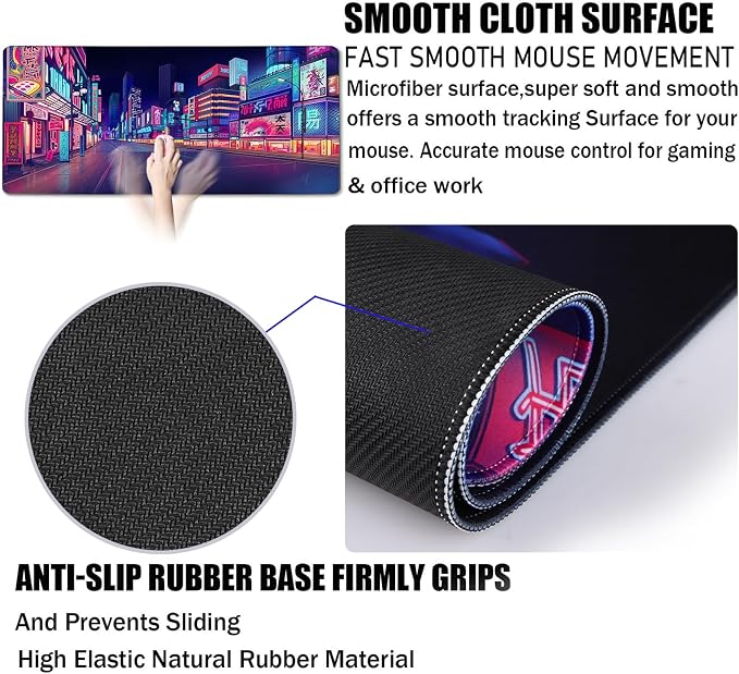 Japanese City Big Desk Mat Large Office Desk Pad Durable Extended Mouse Mat | 31.5"x15.7" Computer Mousepad with Non-Slip Rubber Base Stitched Edge Home Office Gaming Work - Image 3