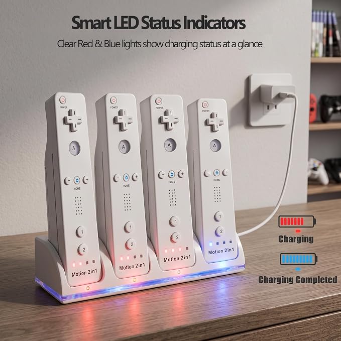 4-in-1 Charging Station for Wii&Wii U Remote Controller,Charger with 4 Rechargeable Battery Packs (4 Port Charging Station+4 pcs 2800mAh Replacement Batteries+USB Cable),Remote Not Included - Image 3