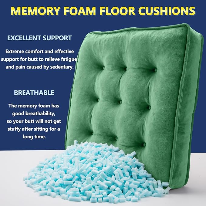 1 MIDDLE ONE Floor Pillow Set of 2, Memory Foam Meditation Cushion, Floor Cushions for Adults Sitting, Large Square Seat Cushions for Yoga, Living Room, 20x20 Inch (Green) - Image 2