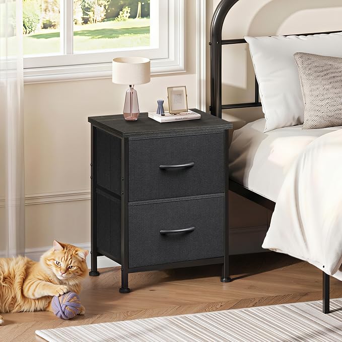 WLIVE Black Night Stand, Small Dresser with 2 Drawers & Wooden Top, Nightstand with Fabric Bins, Bedside Table End Table for Bedroom, Closet, Entryway, College Dorm, Charcoal Black - Image 2
