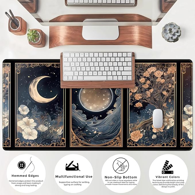 Celestial Lunar Nature Tarot Card Desk Mat Moon Floral Large Mouse Pad XXL 31.5''X 15.7'' Witch Night Botanical Desk Pad Gaming Mousepad Keyboard Mouse Mat for Laptop Computer Office Decor Gift - Image 7