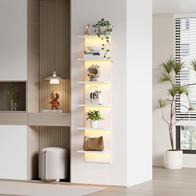 Qupui 6-Tier Wall Shelf with RGB LED, 57" Floating Storage, White - Image 4